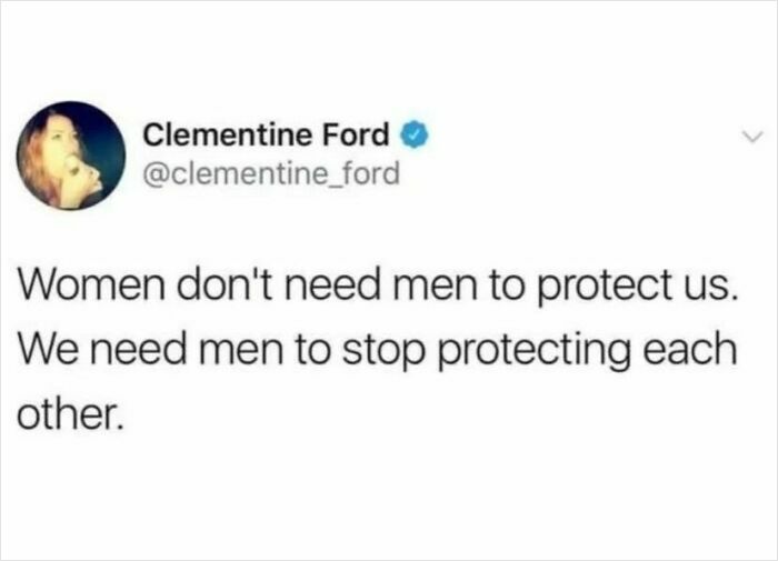 Tweet by Clementine Ford calling out patriarchy, emphasizing feminist posts challenging traditional gender roles and protection.
