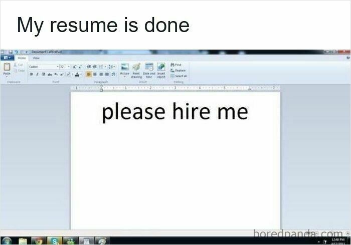 Screenshot of a simple resume with text please hire me, illustrating humor in resume memes about the hiring process.