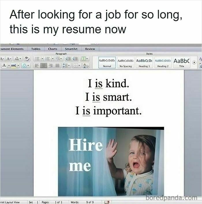 Funny resume meme showing a child with the text I is kind, smart, important, expressing frustration with the hiring process