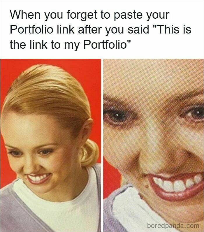 Woman smiling nervously forgetting to paste portfolio link, a relatable resume meme about the hiring process frustration.