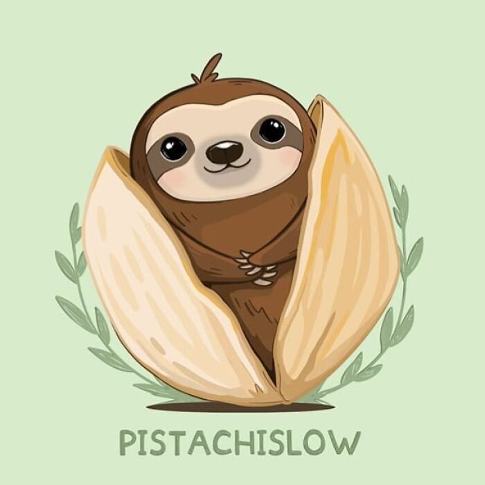 Illustration of a cute sloth inside a pistachio shell, combining wholesome wordplay and unexpected characters.