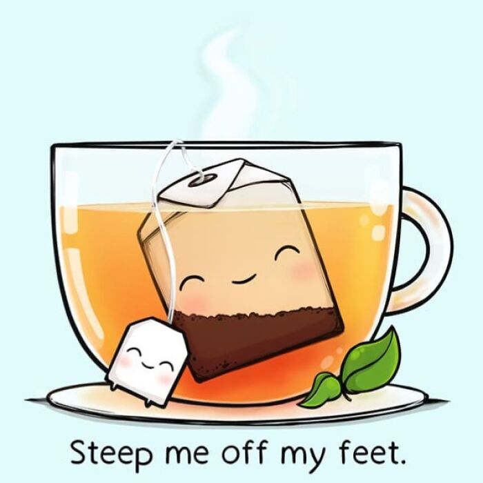 Cute humor artwork of smiling tea bags in a cup with wholesome wordplay and unexpected characters.