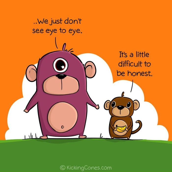 Wholesome wordplay cartoon with unexpected characters; a one-eyed bear and a monkey sharing a humorous moment.