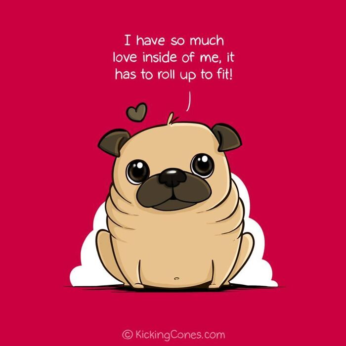 Cute humor illustration of a pug with wholesome wordplay expressing love, featuring unexpected charming character design.