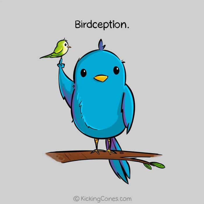Cute humor illustration featuring a blue bird holding a small green bird, showcasing wholesome wordplay and unexpected characters.