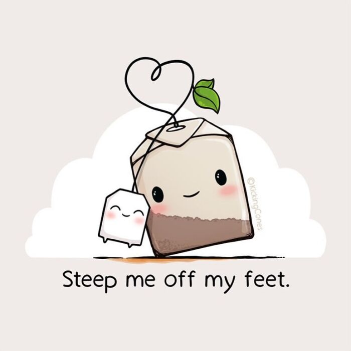 Cute humor illustration featuring a tea bag and tag with wholesome wordplay and charming characters smiling.
