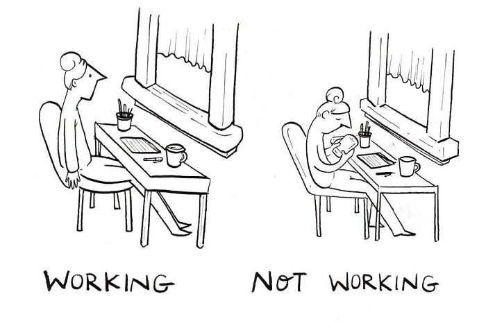 Comic by Dana Jeri Maier showing a person at a desk working versus not working, illustrating modern life humor.
