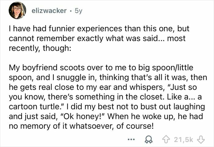 Alt text: A humorous sleep talking story shared by a user about their boyfriend mentioning a cartoon turtle in a closet.