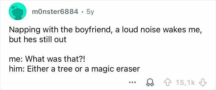 Reddit user shares a funny sleep talk moment involving a mysterious noise and a magic eraser during a nap with boyfriend.