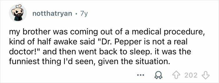 Screenshot of a funny sleep talk story where someone said Dr. Pepper is not a real doctor while half awake.
