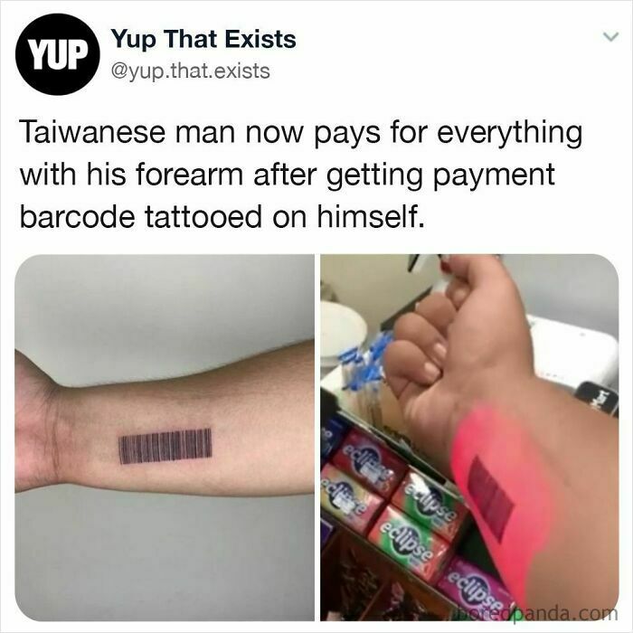 Taiwanese man with barcode tattoo on forearm pays for everything digitally, highlighting life in a dystopia.