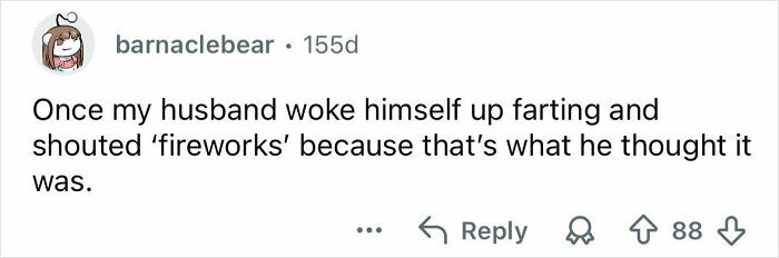 Screenshot of a social media post sharing a funny thing someone said in their sleep about waking up and shouting fireworks.