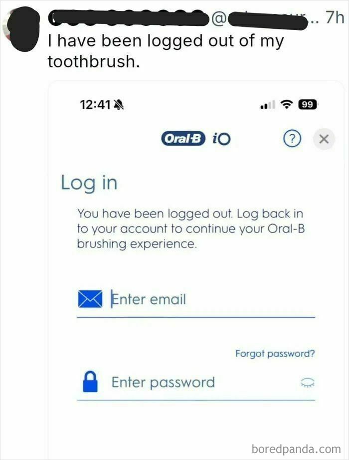 Screenshot of a tweet showing a funny dystopia moment where a user is logged out of their Oral-B toothbrush account.