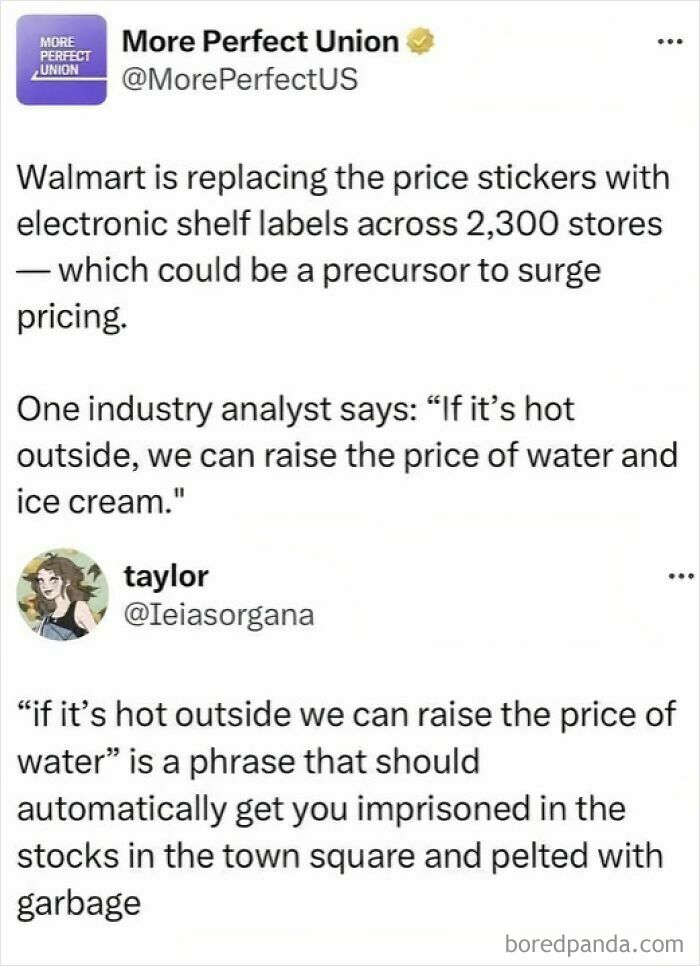 Screenshot of a tweet discussing Walmart replacing price stickers with electronic labels and potential price surging warnings.