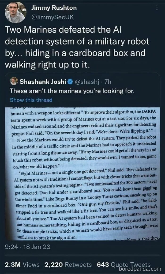 Tweet discussing Marines defeating an AI detection system using simple tricks, illustrating dystopia and AI limitations.