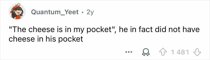 Screenshot of a funny Reddit comment sharing a humorous thing someone said in their sleep about cheese in a pocket.