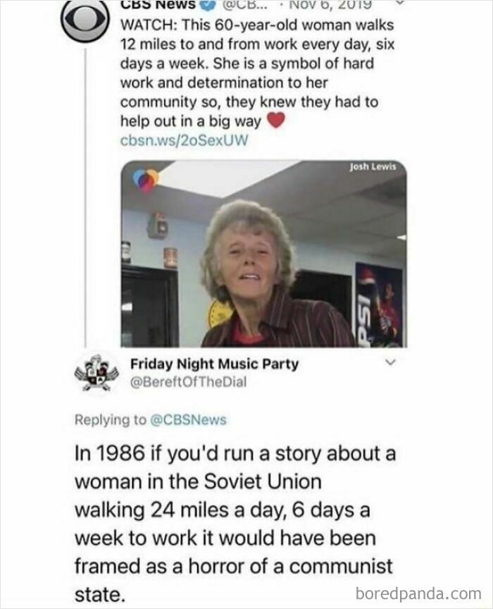 Tweet screenshot showing a 60-year-old woman walking miles to work, highlighting dystopia and harsh work conditions today.
