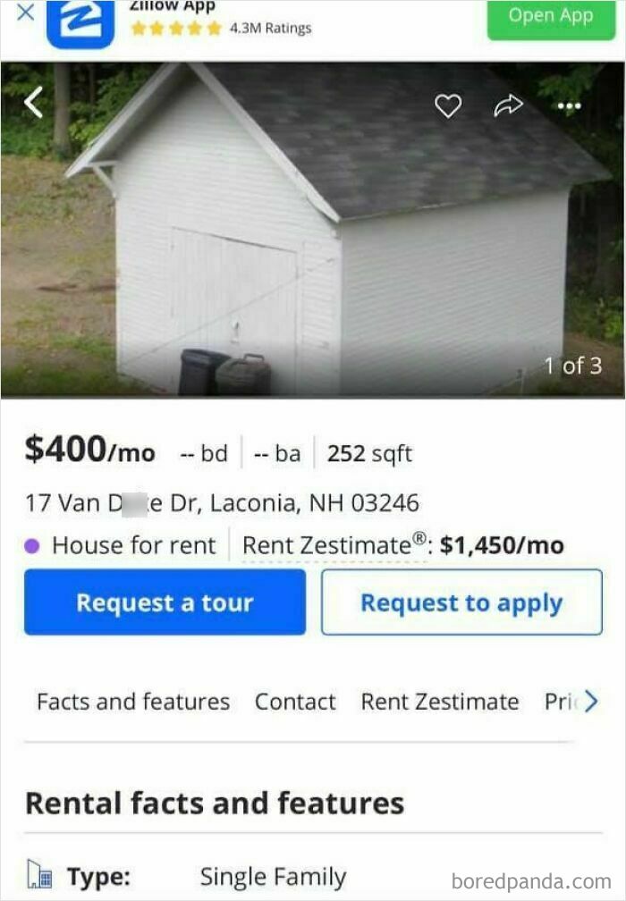 Small white rental shed listed for $400 a month highlighting dystopia and unusual housing market realities.