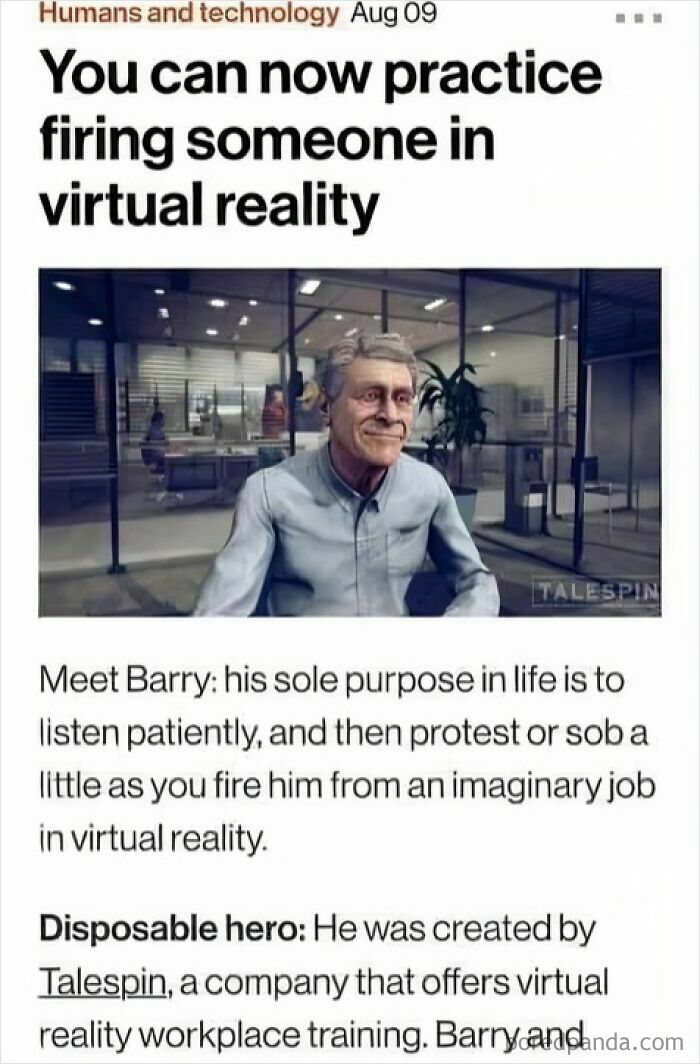 Virtual reality training scene showing a character named Barry for practicing firing someone in a dystopia setting.