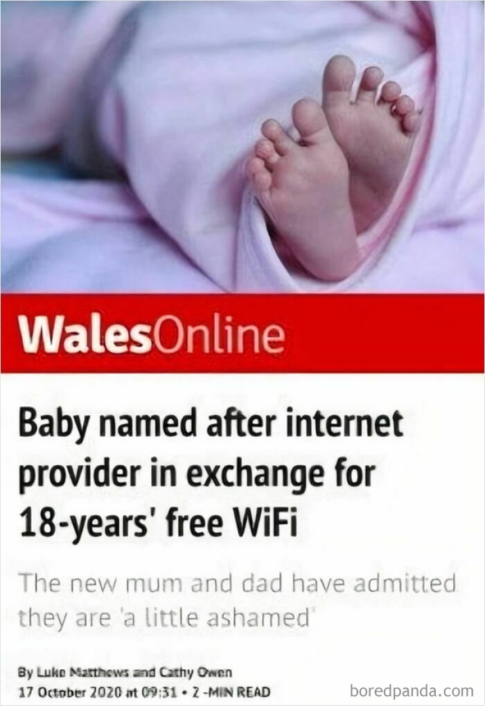 Newborn baby wrapped in pink blanket with dystopia headline about naming child after internet provider for free WiFi.