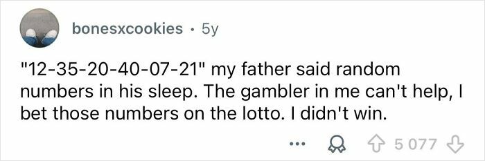 Screenshot of a social media post where someone shares the funniest thing they heard someone say in their sleep about random lotto numbers.