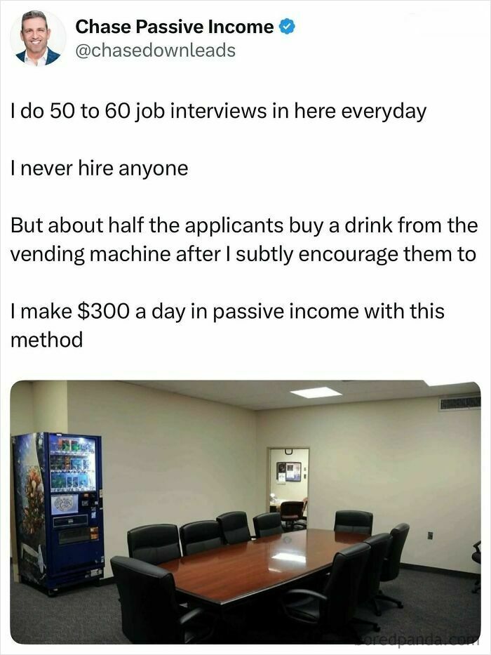Tweet about conducting job interviews but never hiring, highlighting passive income from vending machine purchases in a dystopia setting.