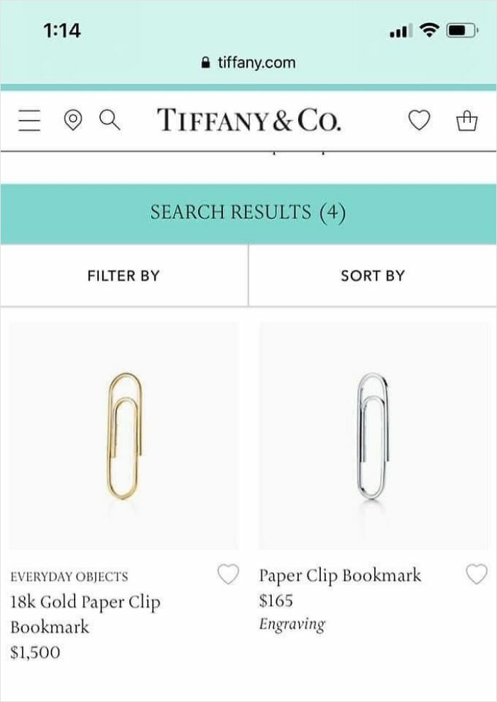 Website screen showing luxury gold and silver paper clip bookmarks with prices, highlighting dystopia in everyday objects.