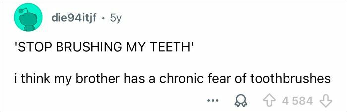 Screenshot of a Reddit post sharing a funny sleep talking quote about a fear of toothbrushes.