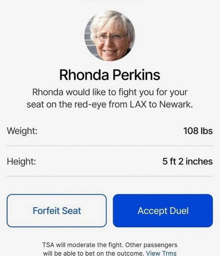Profile of Rhonda Perkins humorously offering to duel for a plane seat, illustrating posts about living in an actual dystopia.