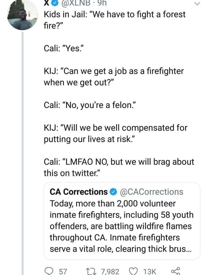 Tweet discussion on inmate firefighters and the harsh reality of compensation, highlighting dystopian social issues in California.