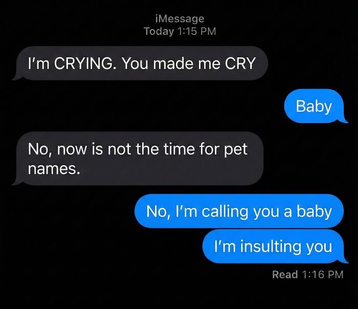 Text message exchange showing a funny meme where one person calls the other baby as an insult, highlighting randomness.