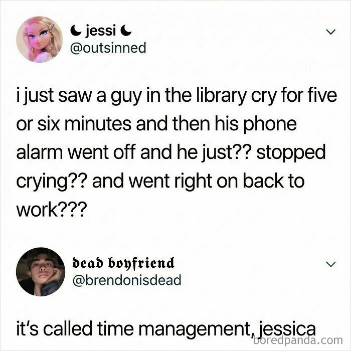 Tweet conversation about a guy crying in the library and stopping when his phone alarm goes off, showcasing funny memes randomness.