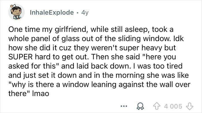 Screenshot of a funny sleep talking story shared online, highlighting hilarious things people say in their sleep.