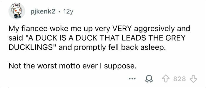 Screenshot of a funny Reddit post where someone shares a humorous quote heard from a person talking in their sleep.