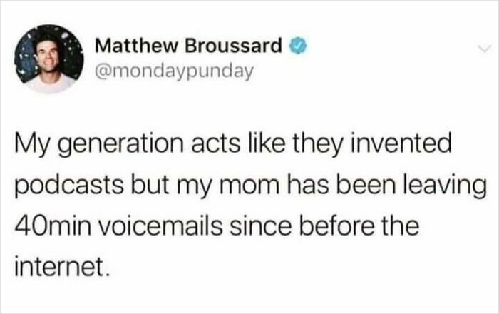 Screenshot of a funny meme tweet about generations and long voicemails, exemplifying funny memes that make no sense but work.