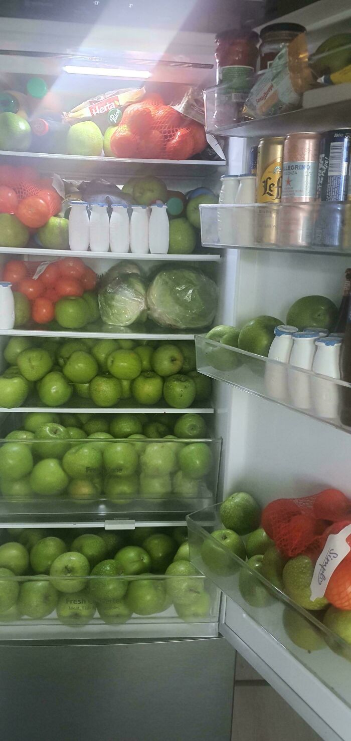 Fridge contents filled with green apples, bottled drinks, lettuce, and orange net bags in an overstocked refrigerator.