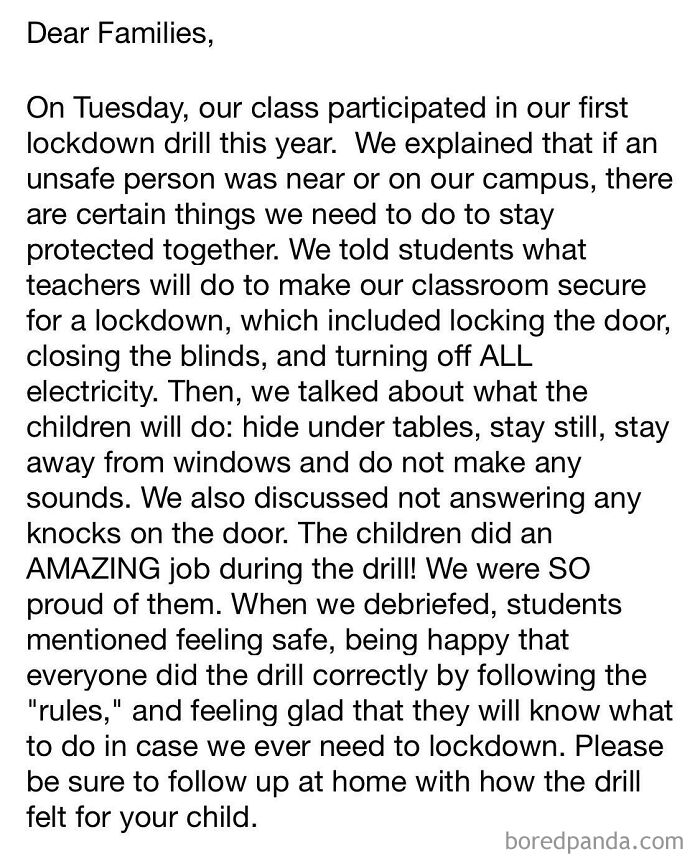 Letter explaining a school lockdown drill to families, highlighting safety measures and student preparedness images warning.