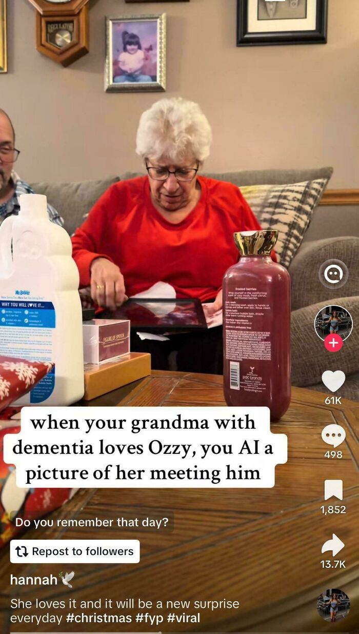 Elderly woman with dementia looking at a photo on a tablet, highlighting emotional moments in the U.S. warning images.