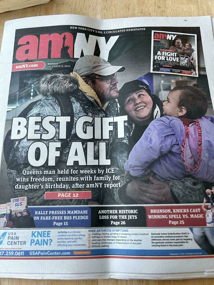 Front page of amNY showing family reunion story, reflecting impactful images that make the U.S. look less like a country.
