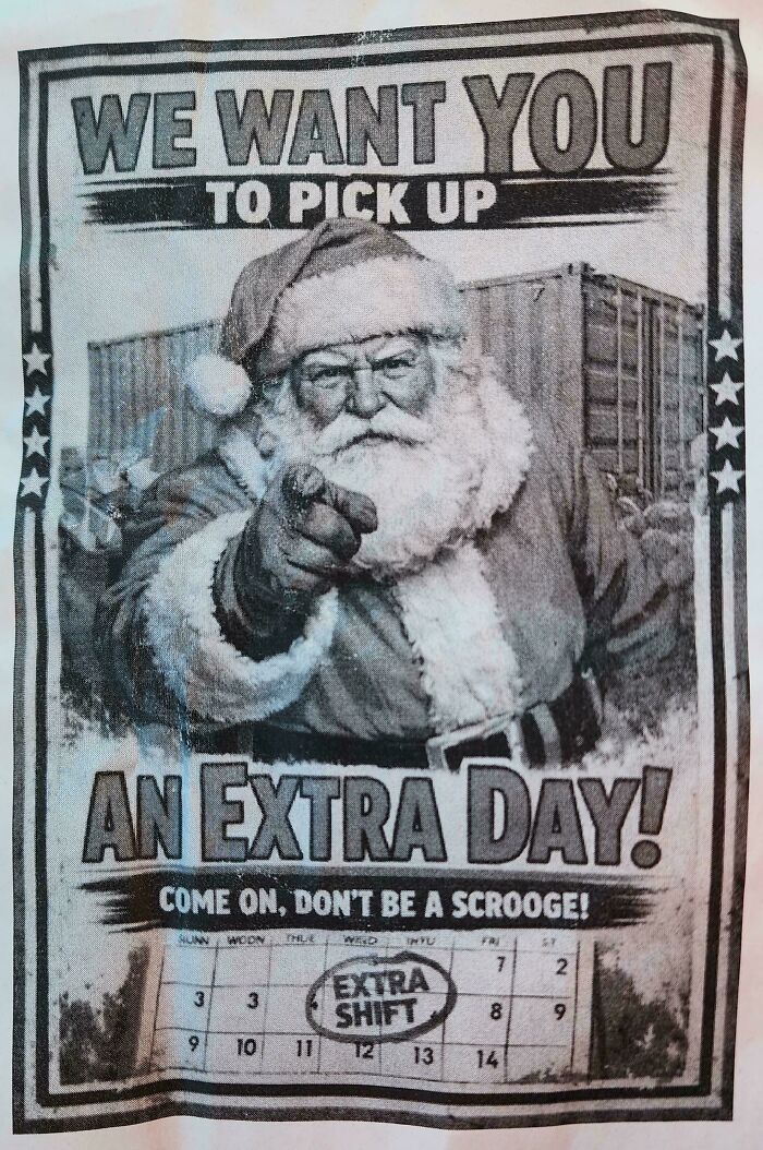 Santa Claus vintage poster urging workers to pick up an extra shift, highlighting U.S. labor challenges in warning images.