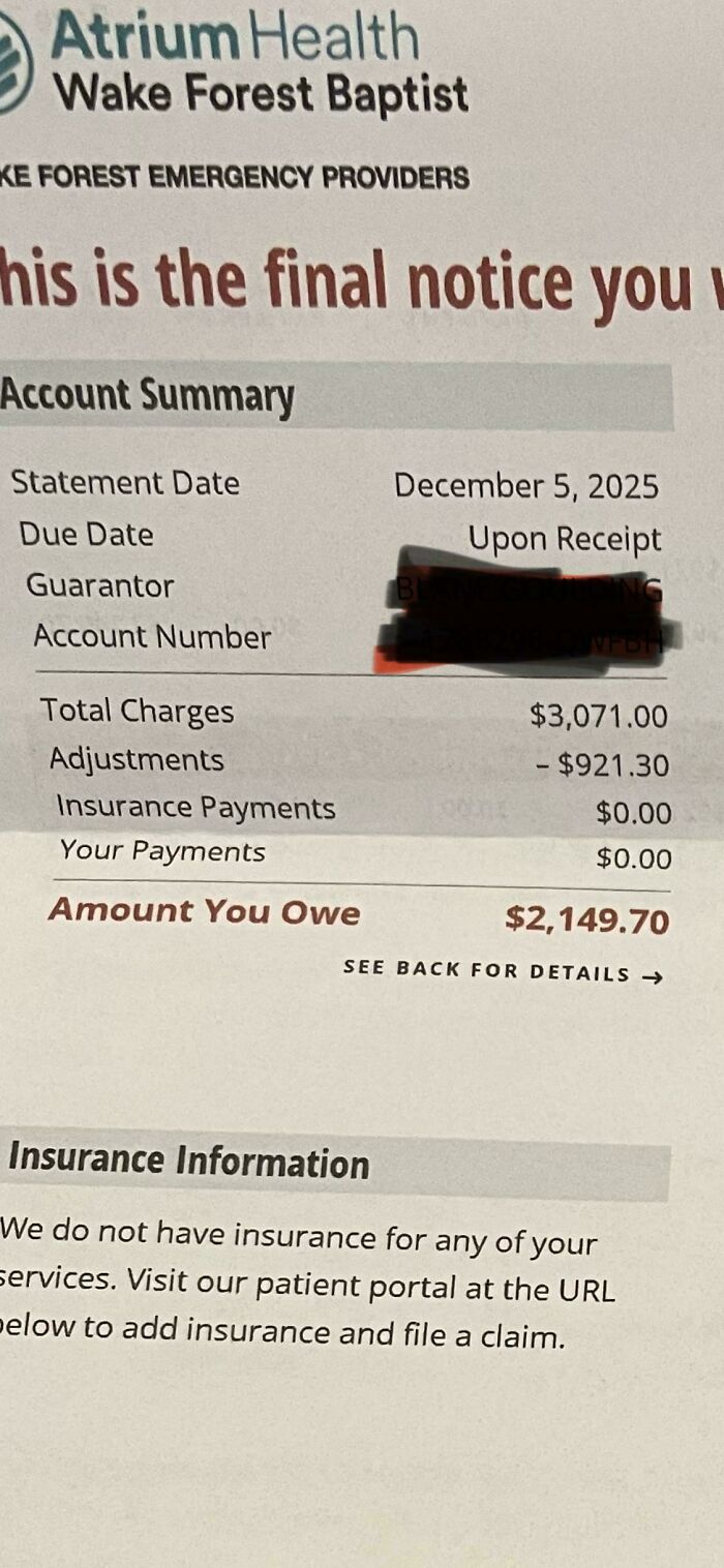 Hospital bill labeled final notice showing a total due of $2,149, illustrating images that make the US look like a warning.