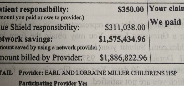 Medical bill showing extremely high provider charges and insurance payments, highlighting U.S. healthcare cost warning.