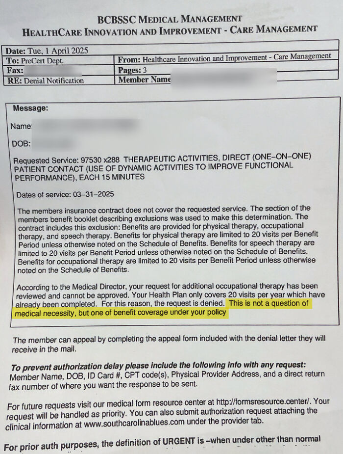 Denial notification letter for therapeutic activities highlighting benefit coverage under U.S. healthcare policy, reflecting systemic issues.