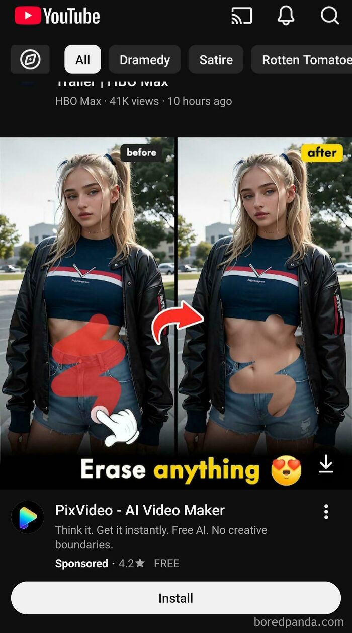 Before and after photo showing a girl with edited midsection using an AI tool, related to images that make the U.S. look warning.