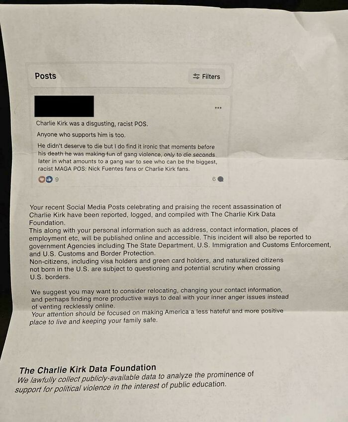 Printed warning letter about social media posts on Charlie Kirk with data foundation threats, highlighting U.S. political violence concerns.