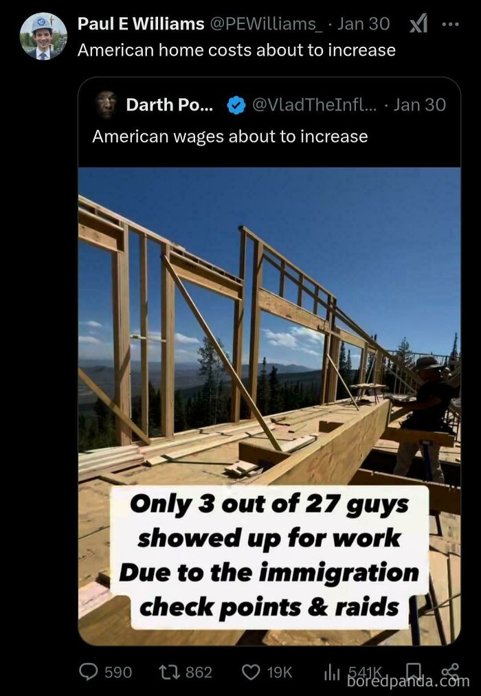 Construction site with wooden framework and message on low worker turnout due to immigration checkpoints in U.S. warning images.
