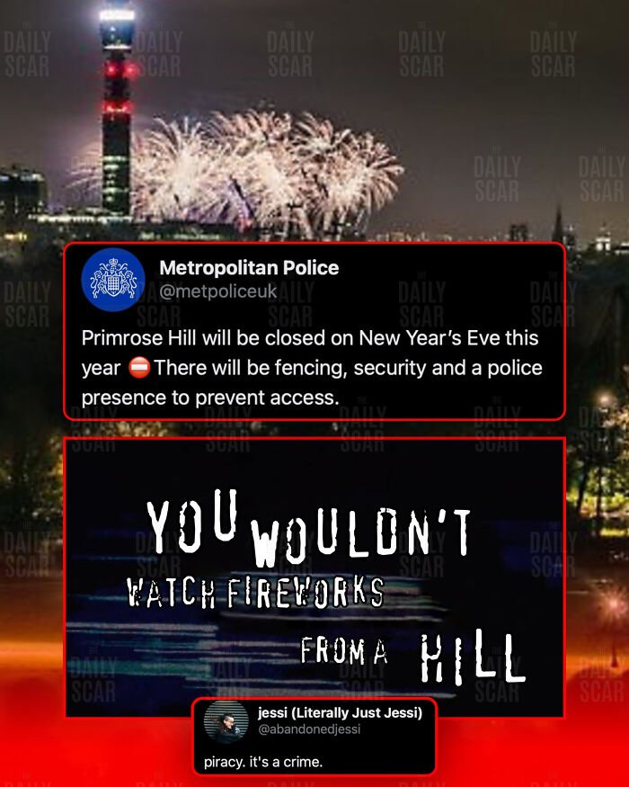 Fireworks behind a city skyline with warnings about restricted access and security, highlighting issues in the U.S. warning images.