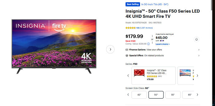 Insignia 50 inch 4K UHD Smart Fire TV displayed with price and size options on online retail page.