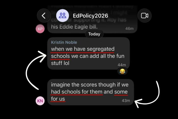 Screenshot of a chat discussing segregated schools, highlighting issues in the U.S. education system warning signs.