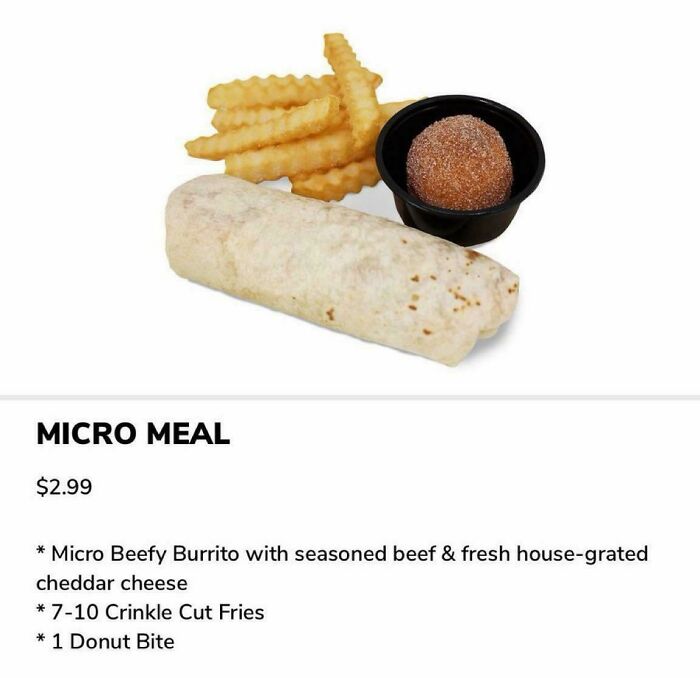 Micro meal with beefy burrito, crinkle cut fries, and donut bite representing unusual U.S. warning images.